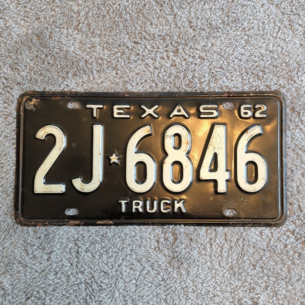 1962 Texas Truck License Plate 2J 6846 White on Black Single Plate Vintage